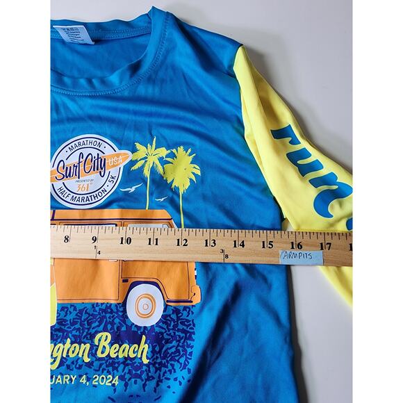 HUNTINGTON BEACH SURF CITY MARATHON 2024 Blue Yellow Running T- shirt SZ S - Picture 5 of 7
